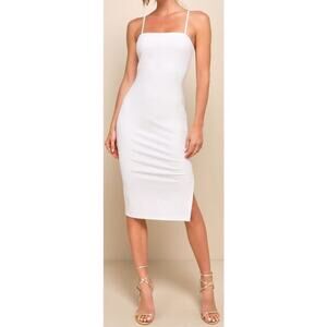 LULU'S XL Paulina White Square Neck Gold Zipper Bodycon Midi Dress